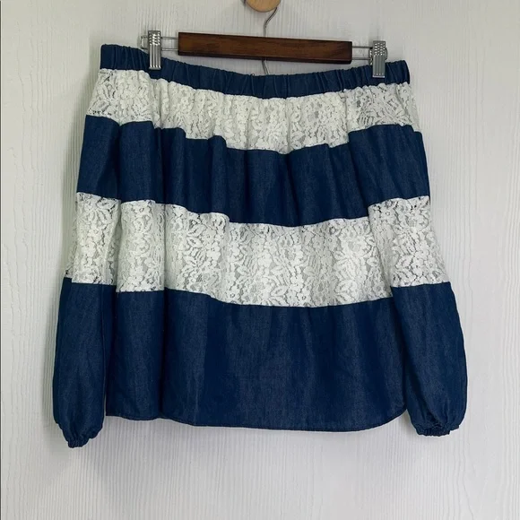 English Factory - Blue And White Lace Stripe Off The Shoulder Blouse Size Small - Picture 8 of 10